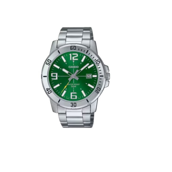 Casio Stainless Steel Band, Green Dial Watch for Men - MTP-VD01D-3BVUDF