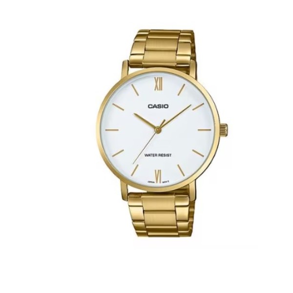 Casio White Dial, Round Shape, Gold Stainless Steel Band Watch for Men - MTP-VT01G-7BUDF