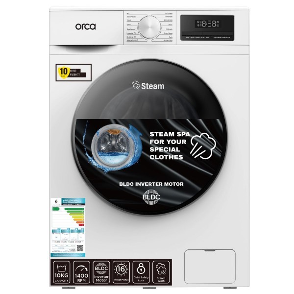 Orca Front Load Washing Machine 10KG, 1400RPM BLDC, White - OR-TWF100EW
