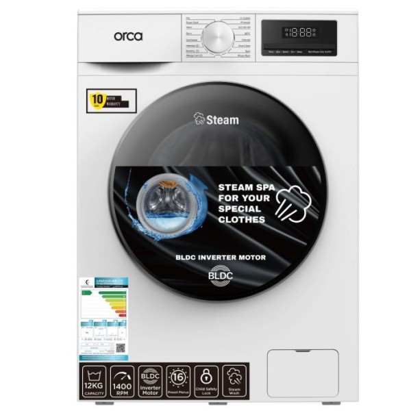 Orca Front Load Washing Machine 12KG, 1400RPM BLDC, White - OR-TWF120EW