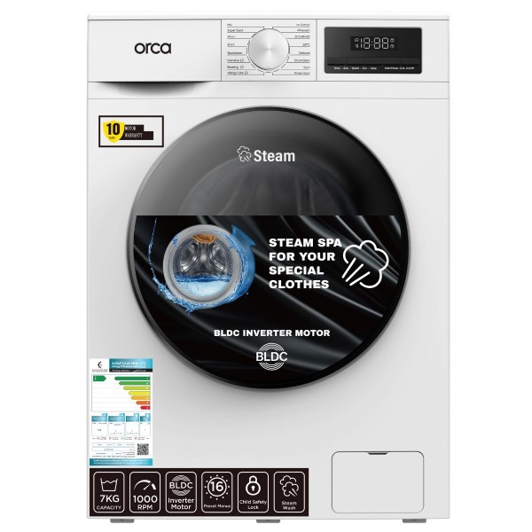 Orca Front Load Washing Machine 7KG 1000RPM BLDC, White - OR-TWF70EW
