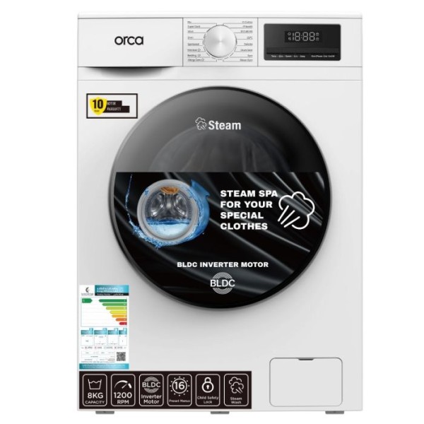 Orca Front Load Washing Machine 8KG 1200RPM BLDC, White - OR-TWF80EW