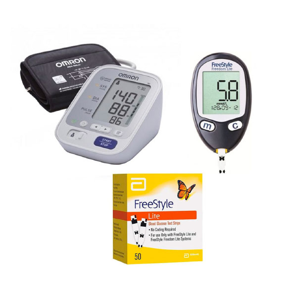 Bundle of Omron Omron M3 Blood Pressure Monitor + Abbott Glucometer + Strips