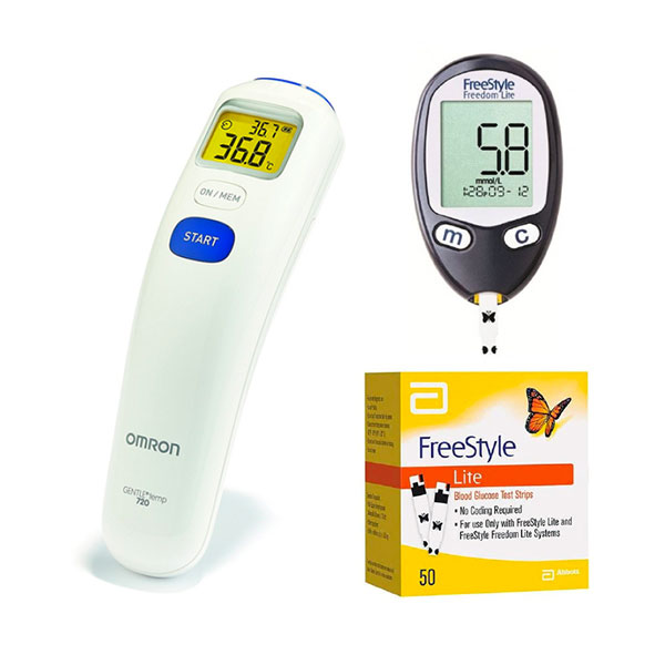 Bundle of Omron Digital Forehead Thermometer + Abbott Glucometer + Strips