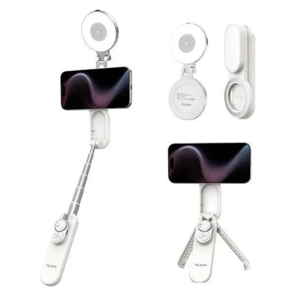 Telesin Magnetic Selfie Stick Tripod with Selfie Light - White