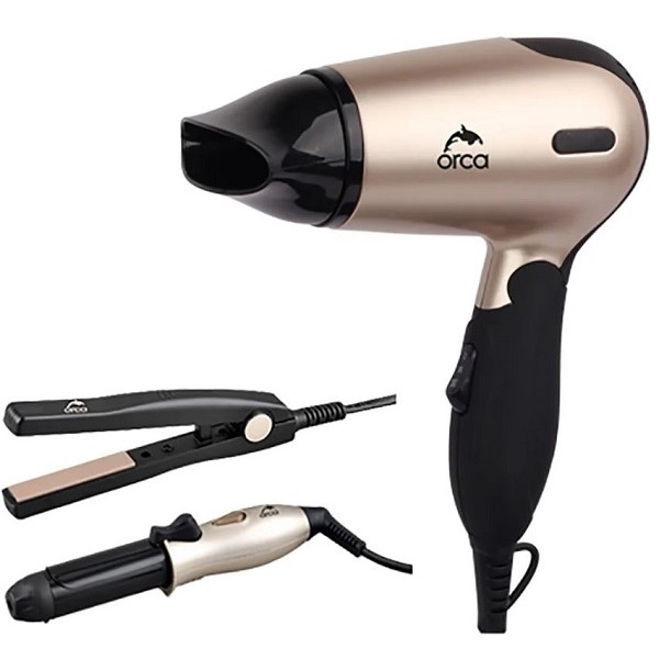 Orca Mini Hair Dryer with Straightener and Curler, Gold - OR-MINI SET