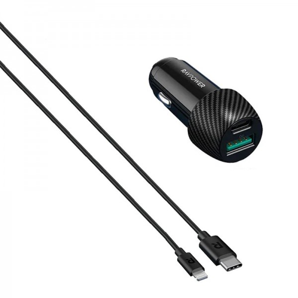 RAVPOWER Total 44W Car Charger + 1m Combo Black