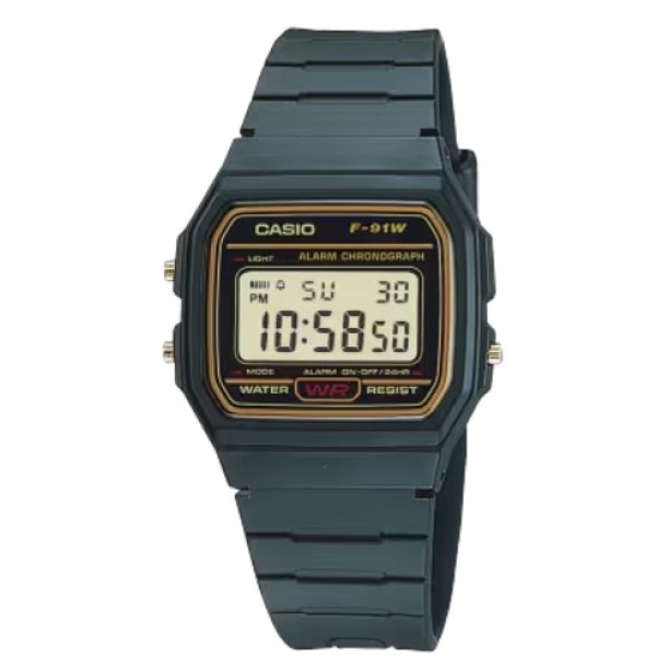 Casio Retro Black Band Gold Face Alarm Chronograph Digital Watch for Unisex - F-91WG-9QDF