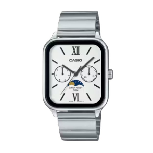 Casio White Dial Moon Phase Stainless Steel Watch for Unisex - MTP-M305D-7A2VDF