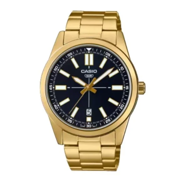 Casio Black Dial Gold Strap Stainless Steel Analog Watch for Men - MTP-VD02G-1EUDF