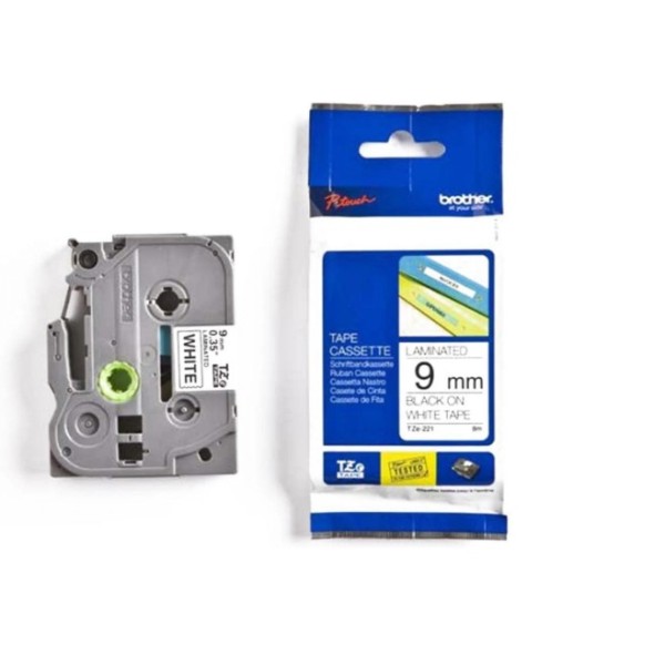 Brother 9mm Black on White Tape Label Tape - TZE-221
