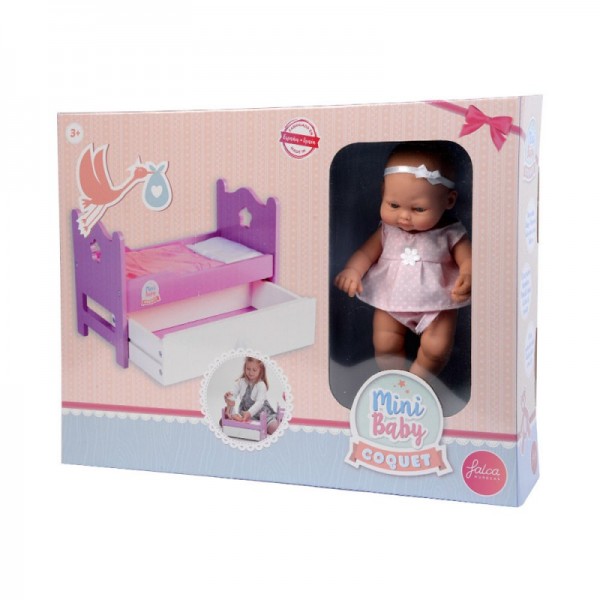 Falca Mini Baby Coquet Wooden Bed with Drawer with A Doll Size 28cm - 28007-F