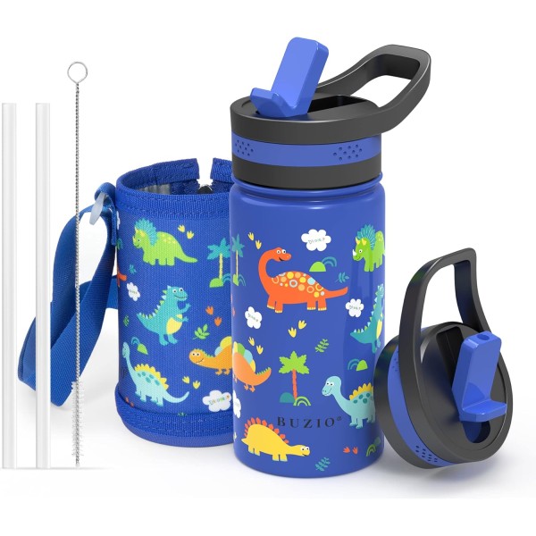 Buzio Kids Water Bottle with Straw Lid and Sleeve 500ml, Dinosaur - X0036ZL2RH