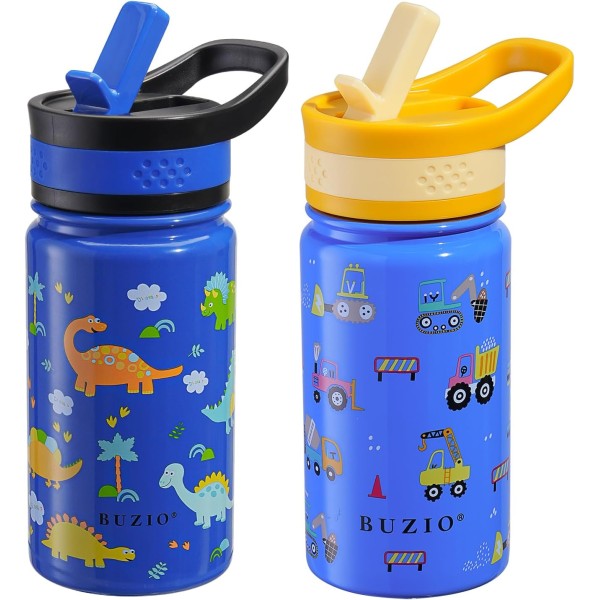 Buzio Kids Water Bottle Pack of 2 with Straw Lid, 500ml - Cars+Dinosaur