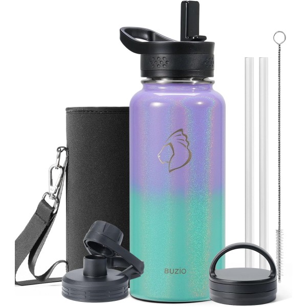 Buzio Trio Series Water Bottle with 3 Lids and Sleeve 1L, Purple Green - X0047OEZ6V