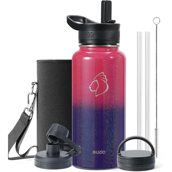 Buzio Trio Series Water Bottle with 3 Lids and Sleeve 1L, Red Blue - X0047OLO9H