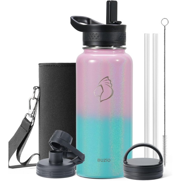 Buzio Trio Series Water Bottle with 3 Lids and Sleeve 1L, Pink Green - X0047OLONN
