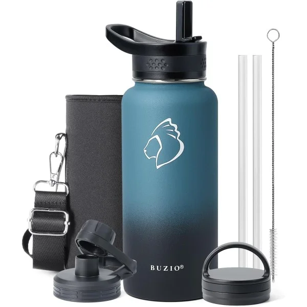 Buzio Trio Series Water Bottle with 3 Lids and Sleeve 1.2L, Indigo Crush - X00494VDD7