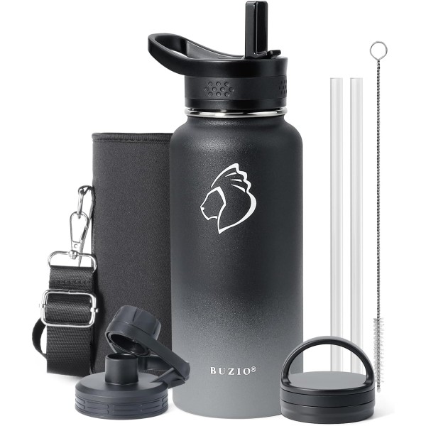 Buzio Trio Series Water Bottle with 3 Lids and Sleeve 1L, Shadow - X00494QB6B