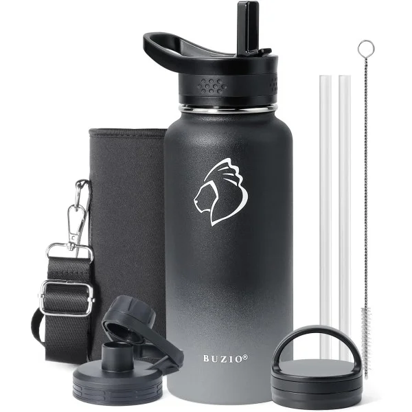 Buzio Trio Series Water Bottle with 3 Lids and Sleeve 1.2L, Shadow - X00494QAZN