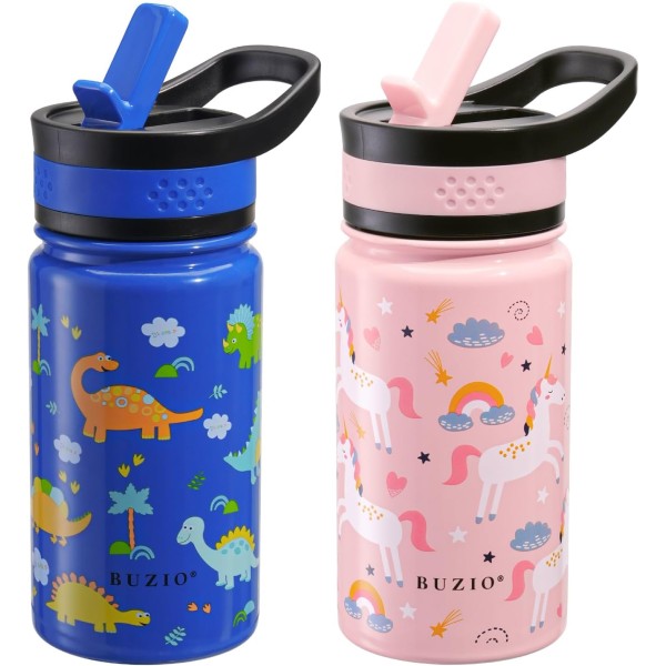 Buzio Kids Water Bottle Pack of 2 with Straw Lid, 500ml - Unicorn+Dinosaur