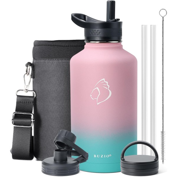 Buzio Trio Series Water Bottle with 3 Lids and Sleeve 1.9L, Pink Green - X00494QBHP