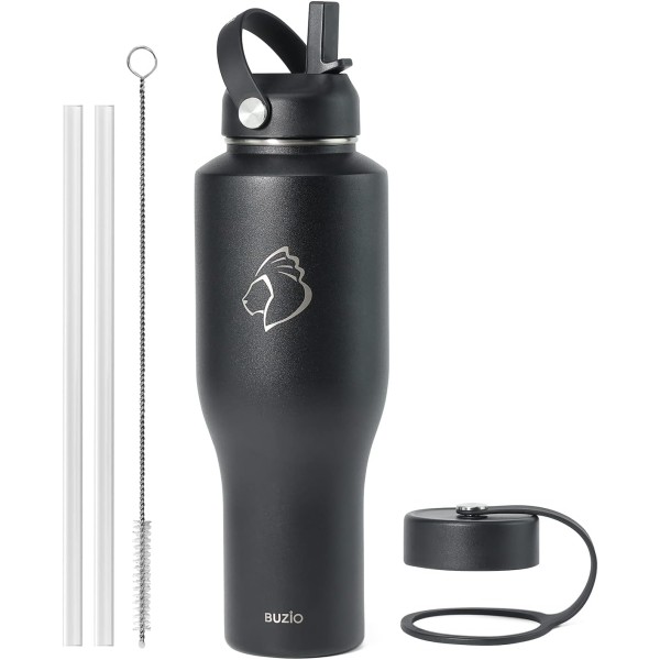 Buzio Trophy 40oz Stainless Steel Water Bottle, Black - X00494QBIJ