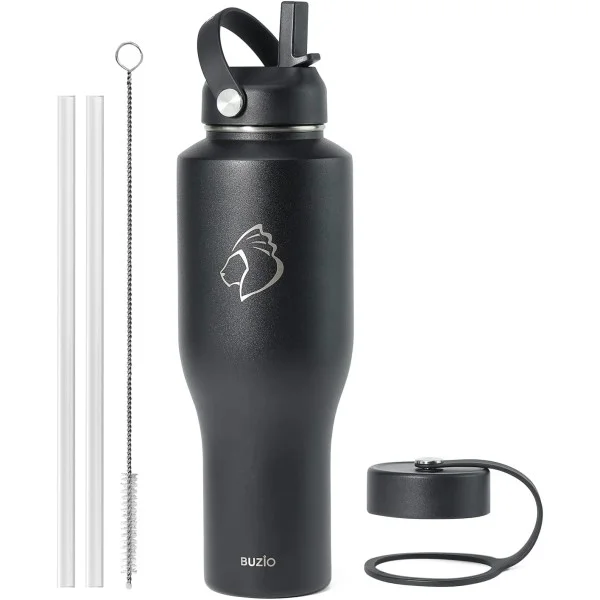 Buzio Trophy 40oz Stainless Steel Water Bottle, Black - X00494QBIJ