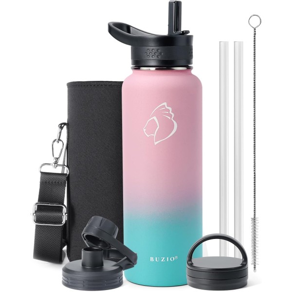 Buzio Trio Series Water Bottle with 3 Lids and Sleeve 1.2L, Pink Green - X00494RAWF