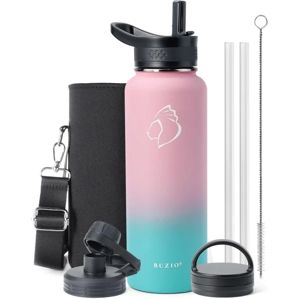 Buzio Trio Series Water Bottle with 3 Lids and Sleeve 1.2L, Pink Green - X00494RAWF