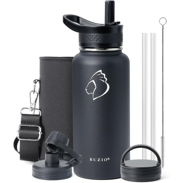 Buzio Trio Series Water Bottle with 3 Lids and Sleeve 1L, Black - X00494VD3R