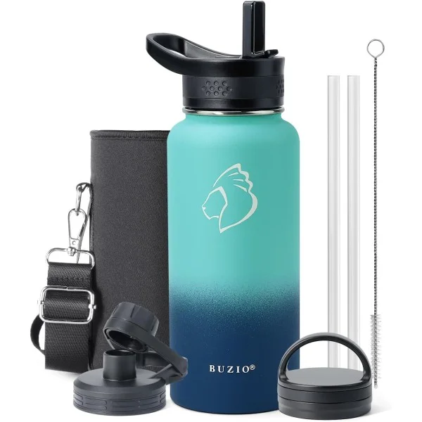Buzio Trio Series Water Bottle with 3 Lids and Sleeve 1L, Carribean Blue - X00494VD55