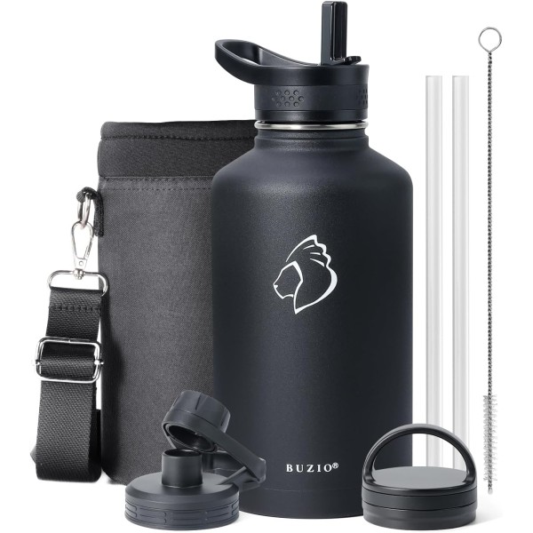 Buzio Trio Series Water Bottle with 3 Lids and Sleeve 1.9L, Black - X00494VLS9