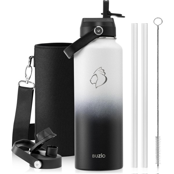 Buzio Duet Series Water Bottle with 2 Lids and Sleeve 1.2Litre, Black White - X004ONFIVL