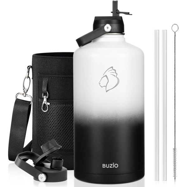 Buzio Duet Series Gallon Bottle with 2 Lids and Sleeve 3.8L, Black White - X004ONFIWZ