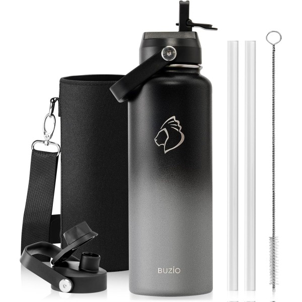 Buzio Duet Series Water Bottle with 2 Lids and Sleeve 1.2Litre, Shadow - X004ONFIXT