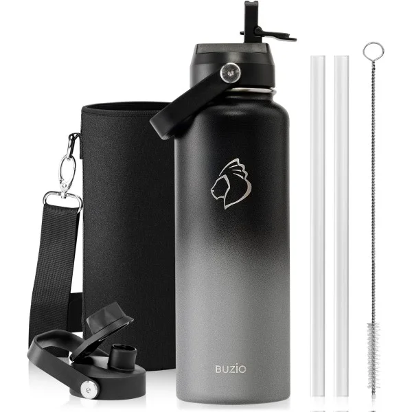 Buzio Duet Series Water Bottle with 2 Lids and Sleeve 1.2Litre, Shadow - X004ONFIXT