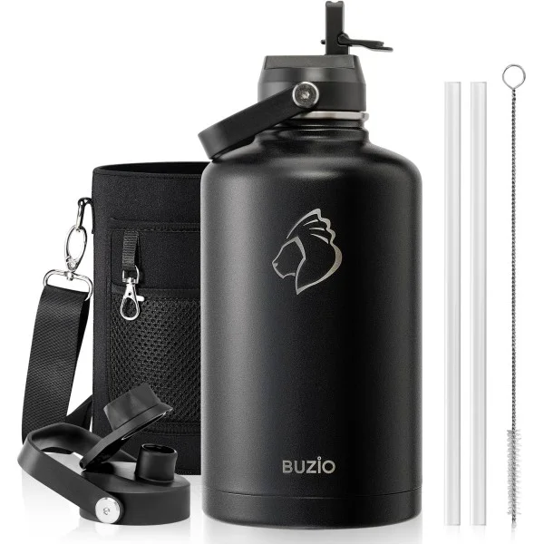 Buzio Duet Series Water Bottle with 2 Lids and Sleeve 2.5Litre, Black - X004ONFIZR