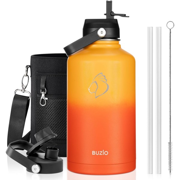 Buzio Duet Series Water Bottle with 2 Lids and Sleeve 1.9Litre, Yellow Orange - X004ONP13L