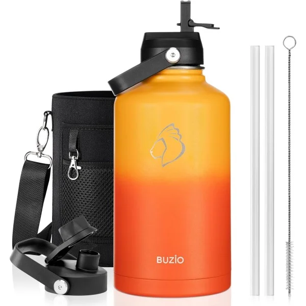 Buzio Duet Series Water Bottle with 2 Lids and Sleeve 1.9Litre, Yellow Orange - X004ONP13L
