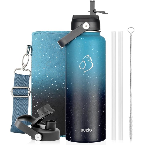Buzio Duet Series Water Bottle with 2 Lids and Sleeve 1.2Litre, Starry Indigo - X004ONP17H