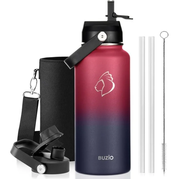 Buzio Duet Series Water Bottle with 2 Lids and Sleeve 1Litre, Ruby Red Navy - X004ONP19Z