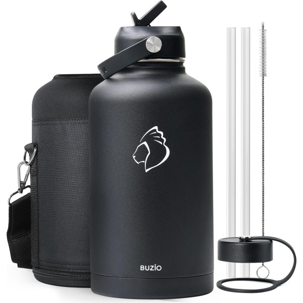Buzio Duet Series Water Bottle with 2 Lids and Sleeve 1.9Litre, Black - X004ONP1B3