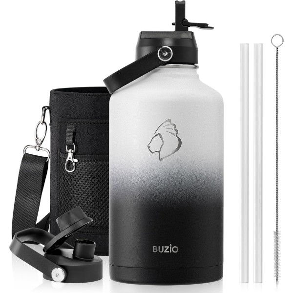 Buzio Duet Series Water Bottle with 2 Lids and Sleeve 1.9Litre, Black White - X004ONRBGL