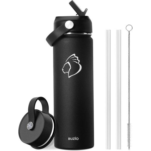 Buzio Duet Series Water Bottle with 2 Lids and Sleeve 650ml, Black - X004ONRBGV