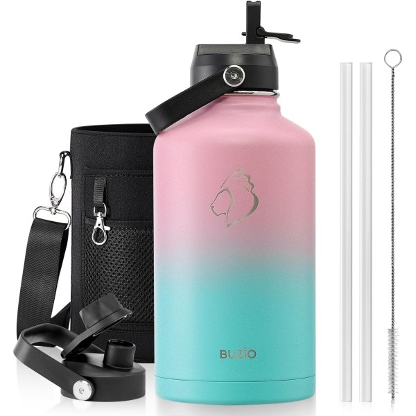 Buzio Duet Series Water Bottle with 2 Lids and Sleeve 1.9Litre, Pink Green - X004ONRBHP