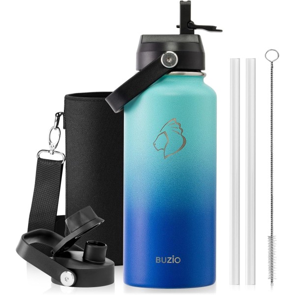 Buzio Duet Series Water Bottle with 2 Lids and Sleeve 1.2Litre, Carribean Blue - X004ONRNL9