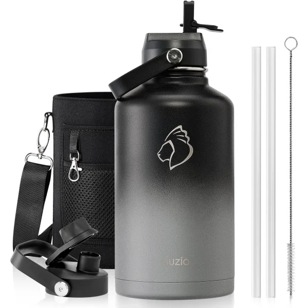 Buzio Duet Series Water Bottle with 2 Lids and Sleeve 1.9Litre, Shadow - X004ONRBKR