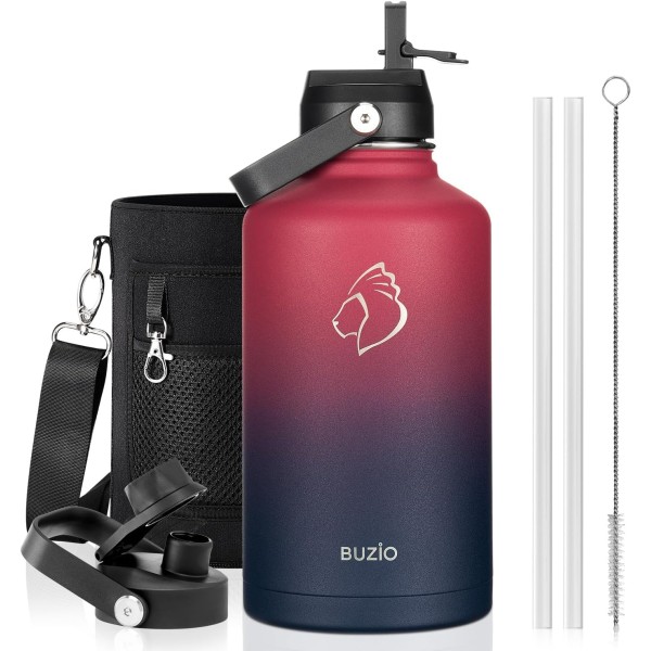 Buzio Duet Series Water Bottle with 2 Lids and Sleeve 1.9Litre, Ruby Red Navy - X004ONRNKP