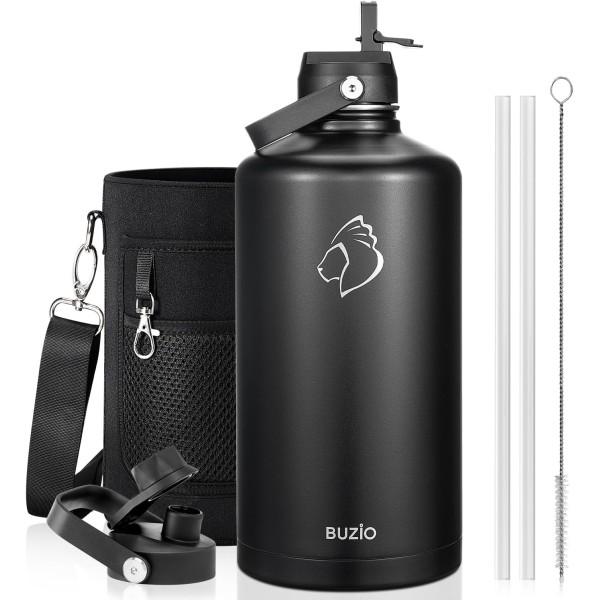 Buzio Duet Series Gallon Bottle with 2 Lids and Sleeve 3.8L, Black - X004ONRNNH